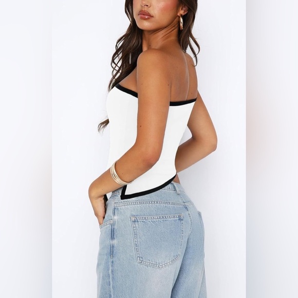 Y2K Strapless White with Black Trim Tube Top Womens L Asymmetric Crop Top New - Picture 4 of 6